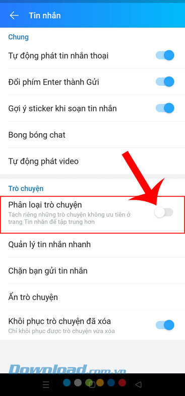 Gạt và bật công tắc mục Phân loại trò chuyện