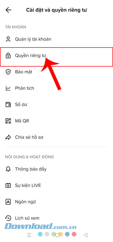 Ấn vào mục Quyền riêng tư