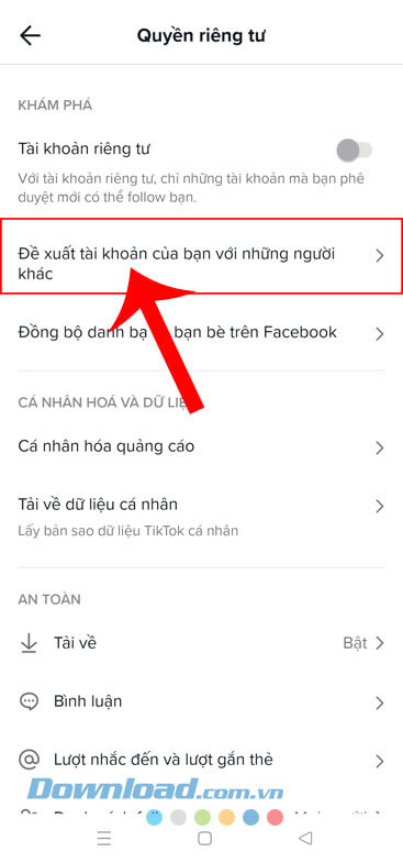 Nhấn vào mục Đề xuất tài khoản của bạn với những người khác
