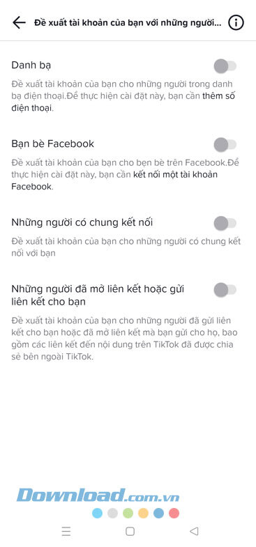 Đã tắt tính năng Đề xuất tài khoản TikTok với người khác