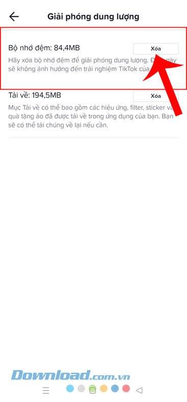 Nhấn vào nút Xóa ở mục Bộ nhớ đệm