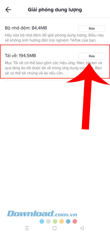 Ấn vào nút Xóa ở phía bên phải mục Tải về 