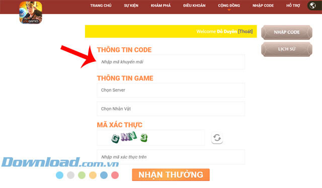 Nhập mã code, máy chủ, tên nhân vật, mã xác thực