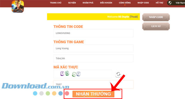 Click chuột vào nút Nhận thưởng