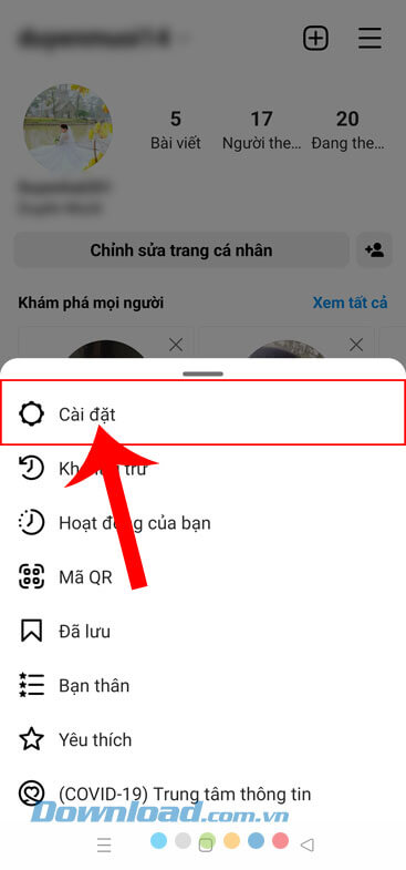 Chạm vào mục Cài đặt