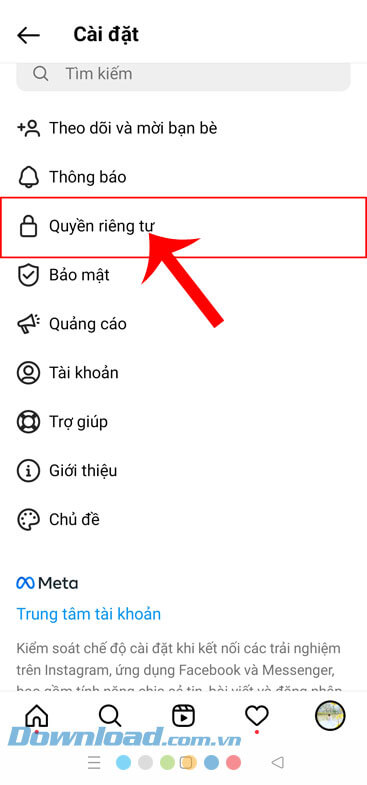 Ấn vào mục Quyền riêng tư
