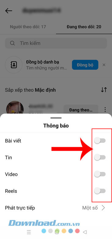 Bật công tắc tại các mục: Bài viết, Tin, Video, Reels