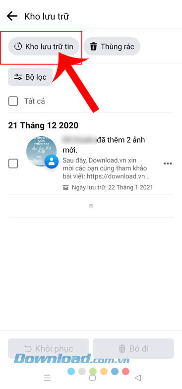 Chạm vào mục Kho lưu trữ tin