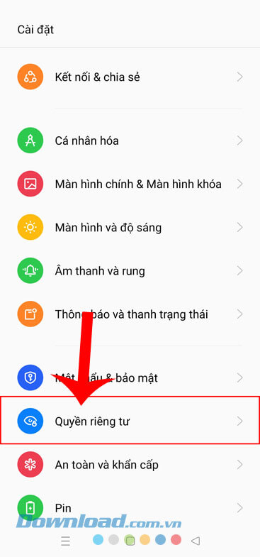 Nhấn vào mục Quyền riêng tư