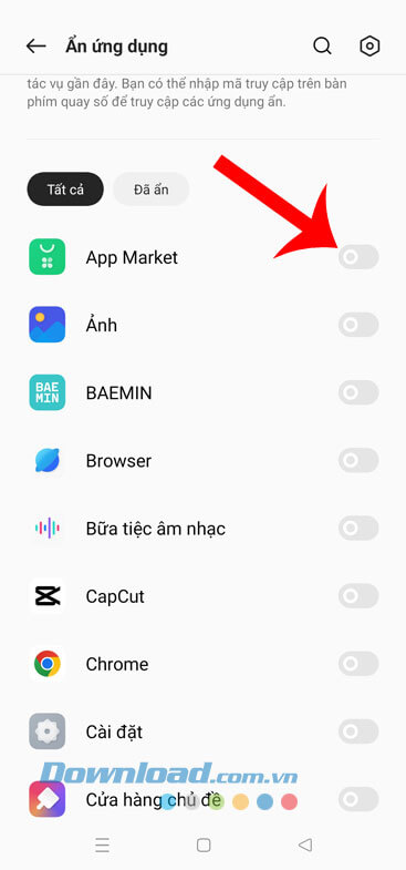 Bật công tắc tại ứng dụng cần ẩn