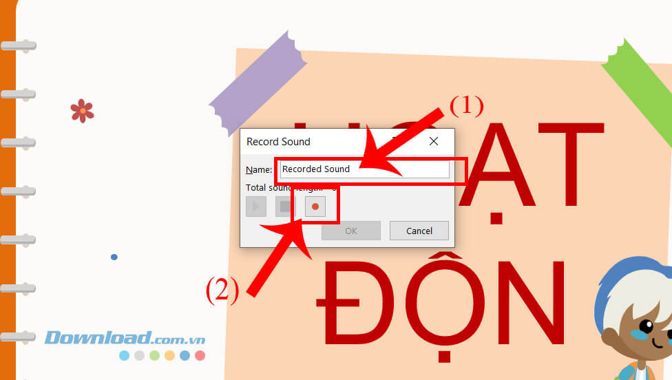 Đặt tên cho file ghi âm > Nhấn vào biểu tượng hình tròn màu đỏ
