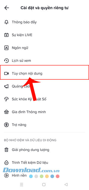 Nhấn vào mục Tùy chọn nội dung