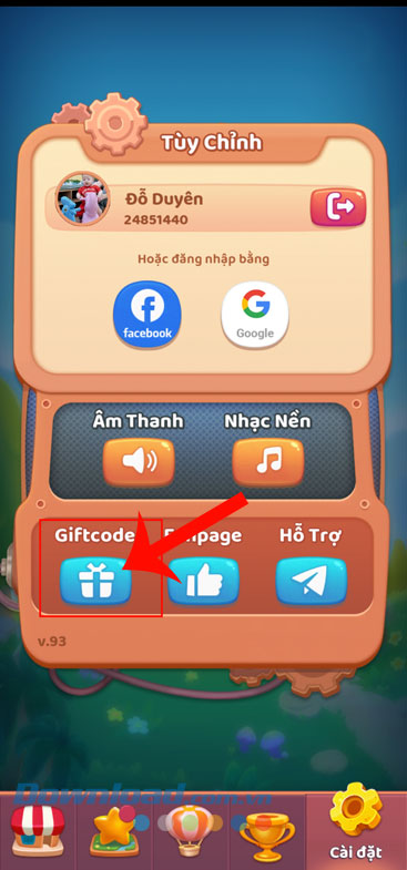 Chạm vào nút Giftcode