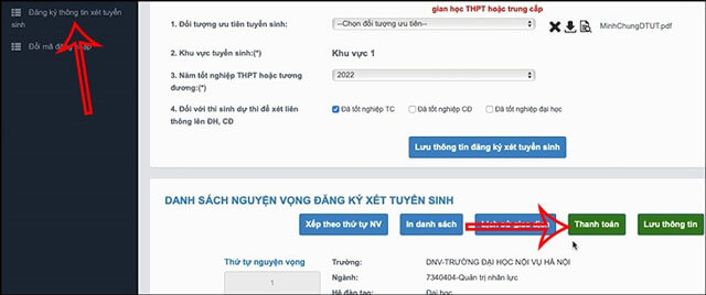 Nhấp chuột vào mục Đăng ký thông tin xét tuyển > Nhấn vào nút Thanh toán