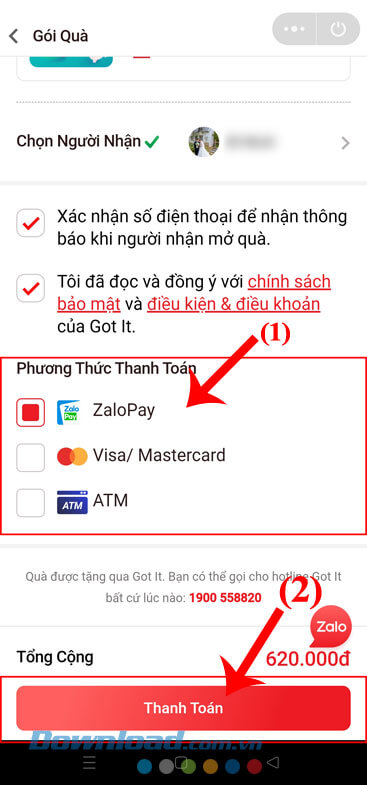 Chạm vào nút Thanh toán