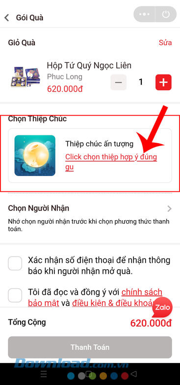 Chạm vào mục Click chọn thiệp hợp ý đúng gu