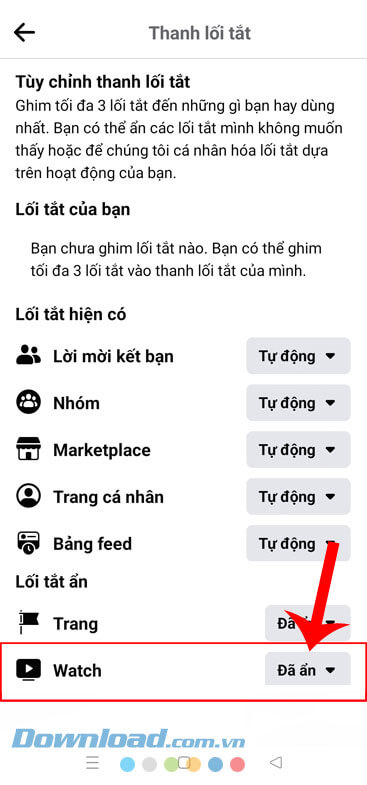 Nhấn vào nút Đã ẩn bên cạnh mục Watch
