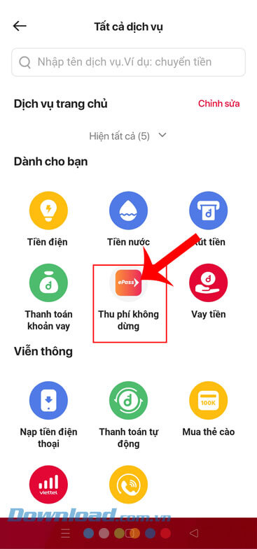 Chạm vào mục Thu phí không dừng