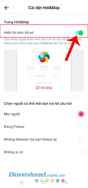 Bật công tắc tại mục Hiển thị trên hồ sơ