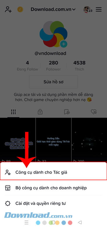 Chạm vào mục Công cụ dành cho tác giả