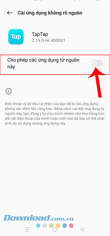 Bật công tắc Cho phép các ứng dụng từ nguồn này