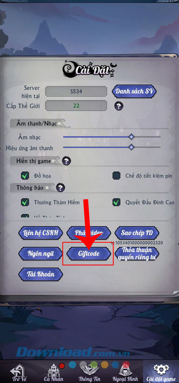  Ấn vào nút Giftcode 