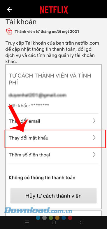Nhấn vào mục Thay đổi mật khẩu