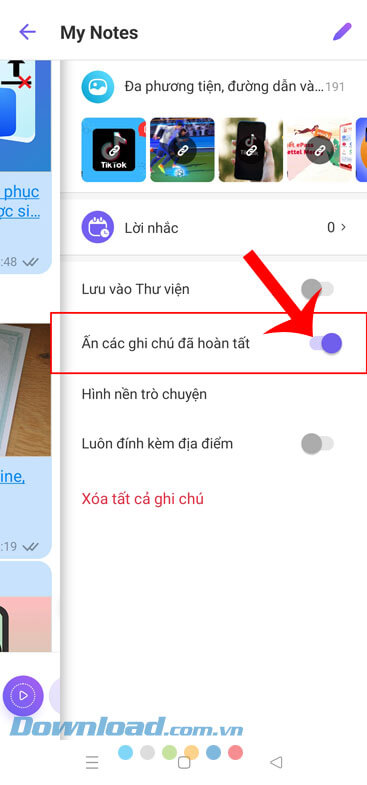 Bật công tắc Ẩn các ghi chú đã hoàn tất