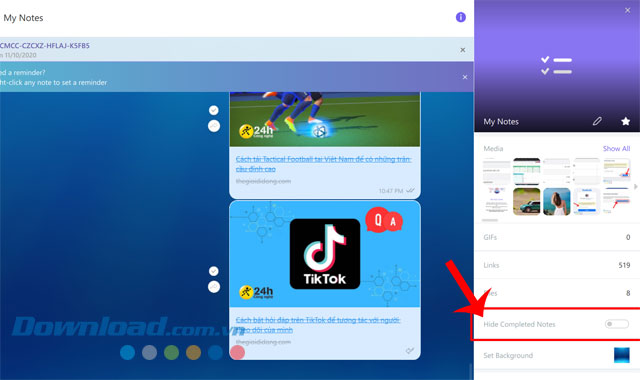 Bật công tắc tại mục Hide Completed Notes