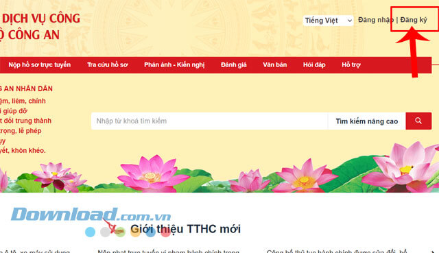 Nhấn vào mục Đăng ký