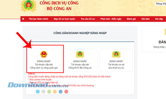 Nhấp chuột vào mục Đăng nhập Tài khoản cấp bởi Cổng dịch vụ công Quốc gia