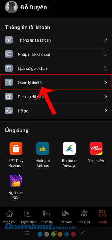 Chạm vào mục Quản lý thiết bị