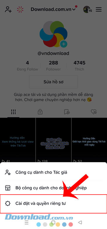 Ấn vào mục Cài đặt và quyền riêng tư 