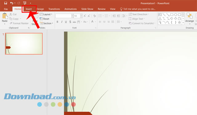 Click chuột vào mục Insert