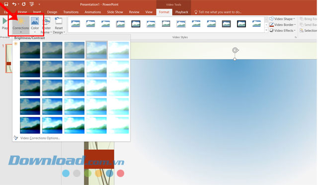 Click chuột vào 2 mục Correction và Color