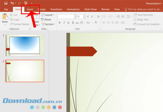 Nhấp chuột vào mục Insert