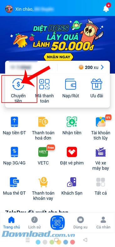 Nhấn vào mục Chuyển tiền