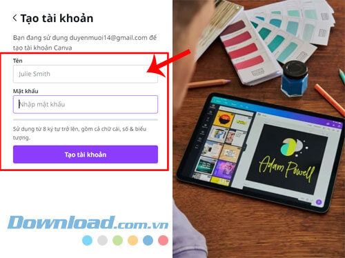 Nhập tên tài khoản và mật khẩu > Nhấn vào nút Tạo tài khoản