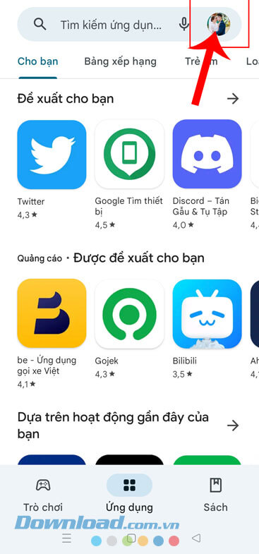 Nhấn vào biểu tượng tài khoản