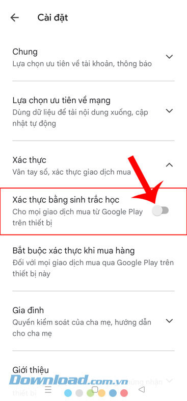 Ấn vào mục Xác thực bằng sinh trắc học
