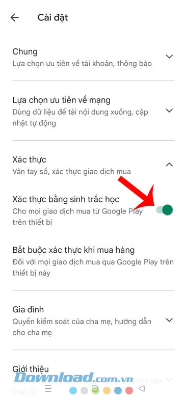 Đã bật tính năng Xác thực bằng sinh trắc học