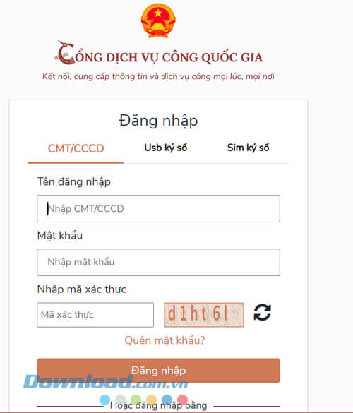Đăng nhập tài khoản Cổng dịch vụ công Quốc gia
