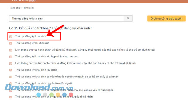 Nhấn vào mục Thủ tục Đăng ký khai sinh