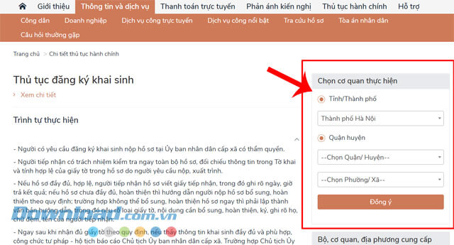 Nhập thông tin tỉnh/thành phố, quận/huyện, xã/phường