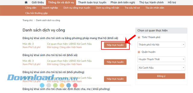 Nhấn vào nút Nộp trực tuyến