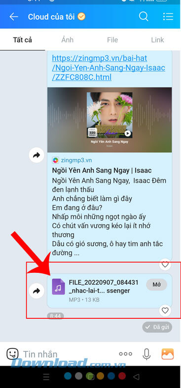Đã gửi file âm nhạc trên Zalo