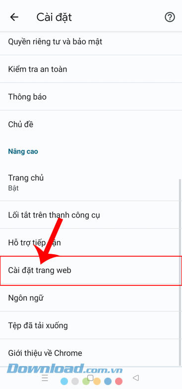 Chạm vào mục Cài đặt trang web