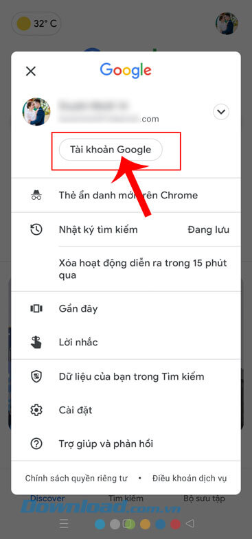 Chạm vào nút Tài khoản Google