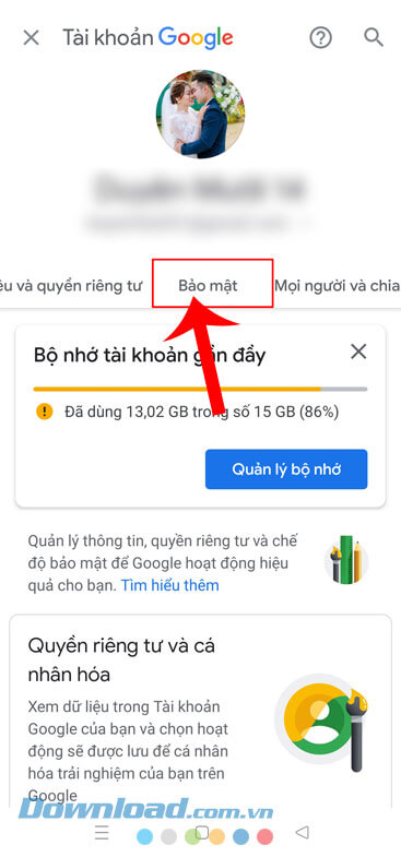 Nhấn vào mục Bảo mật