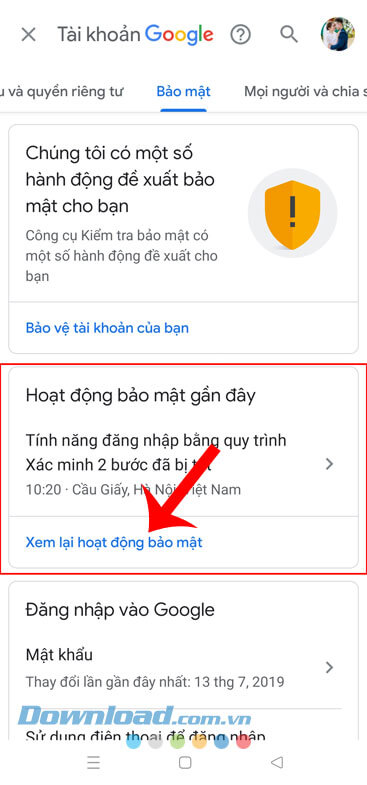  Ấn vào mục Xem lại hoạt động bảo mật